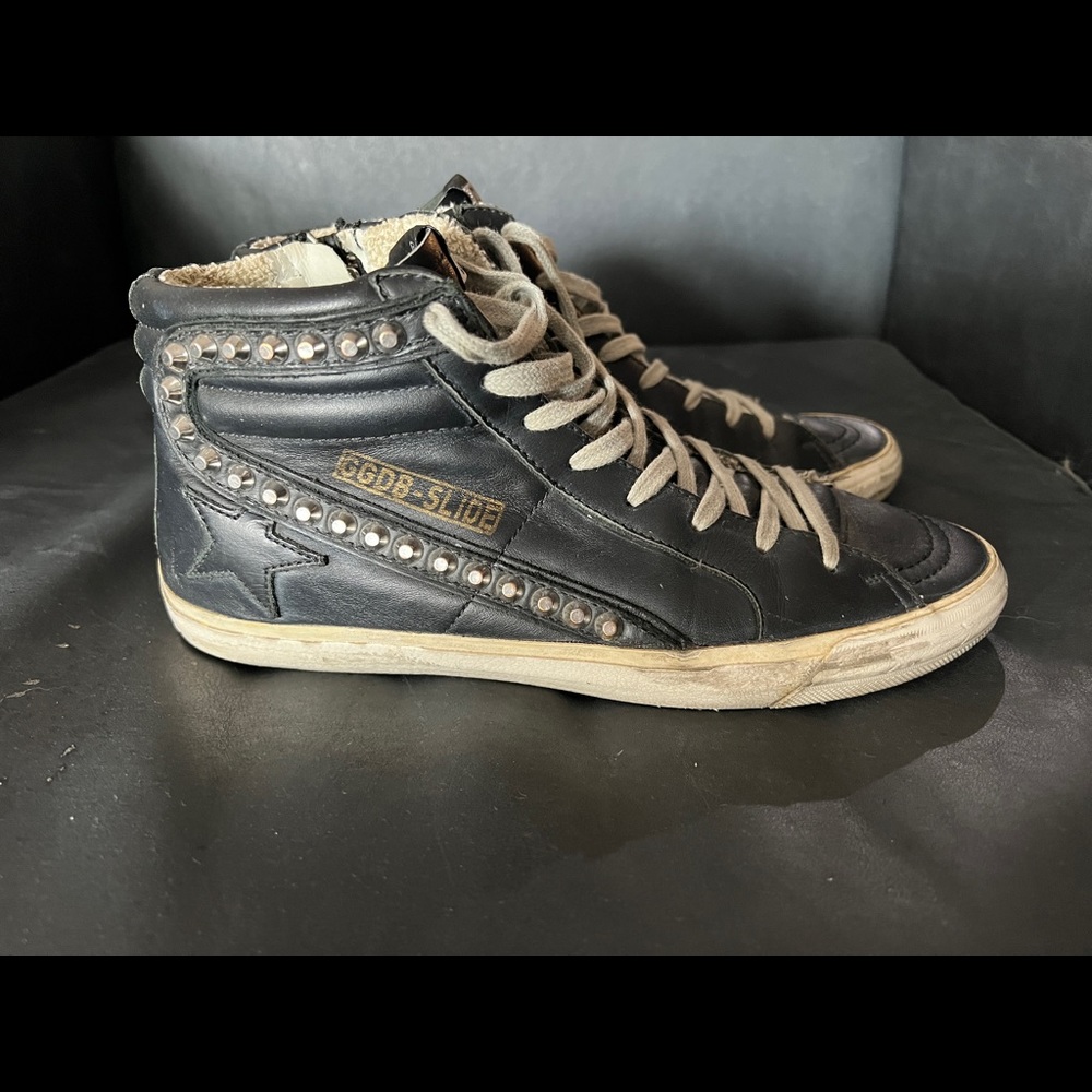 Golden Goose slide black leather flat top metal studs